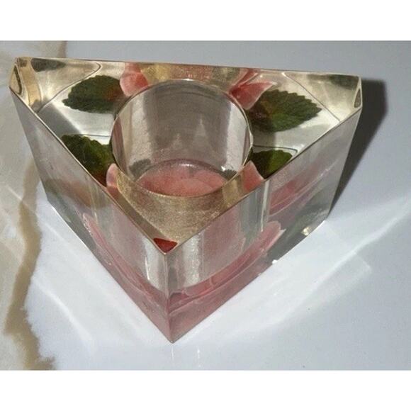 Vintage 1970’s Bircraft Pink Rose Green Leaves Triangular Lucite Candle Holder - Picture 3 of 5